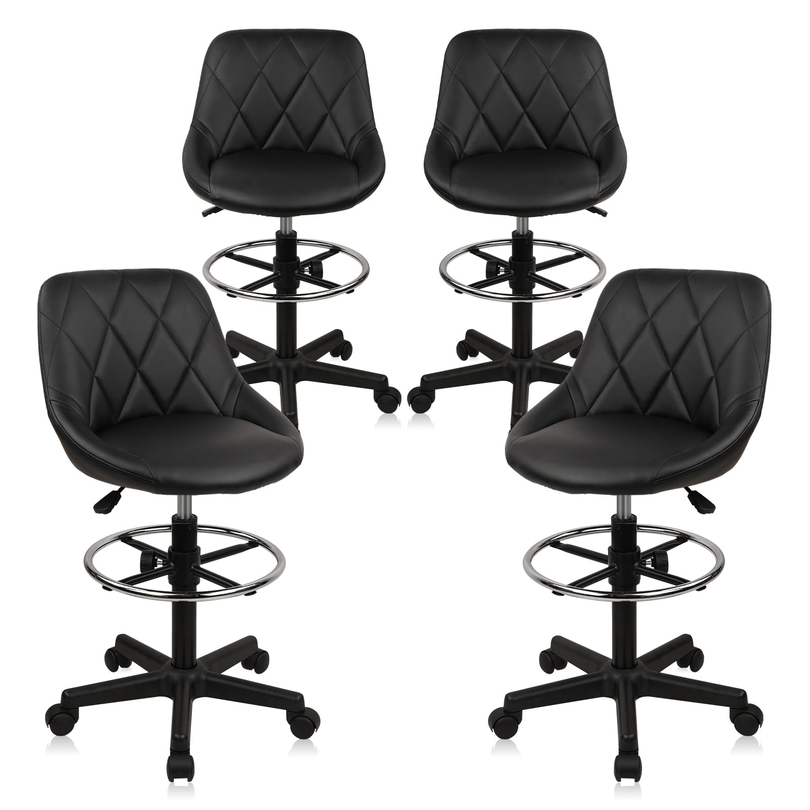 KLASIKA Drafting Chair with Backrest and Wheels, Adjustable Footrest Height Rolling Stool, PU Leather Tall Swivel Chairs Work Shop Office Desk Stools for Kitchen Home Bar, Black, 4 Pack