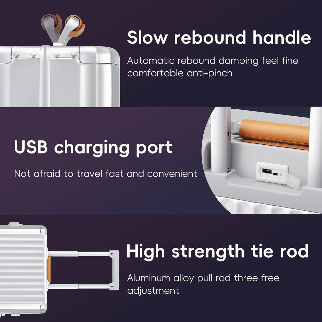 ROAMING 24 Inch Check Luggage Durable All Aluminum Hardshell Suitcase - Zipperless Luggages Airline Approved with 360° Spinner Wheels, TSA Lock, USB Port Smart Organizational Pockets （Silver orange）