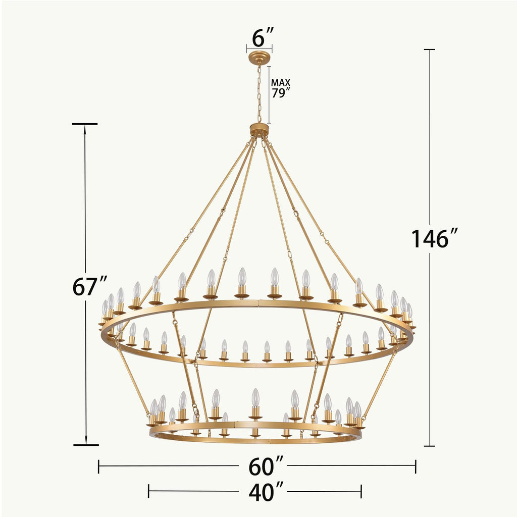 JKLX 60 Inch Gold Extra Large Wagon Wheel Chandelier, 2 Tier 54-Lights Farmhouse Industrial Round High Ceiling Pendant Light Adjustable Chain, for Dining Room, Living Room