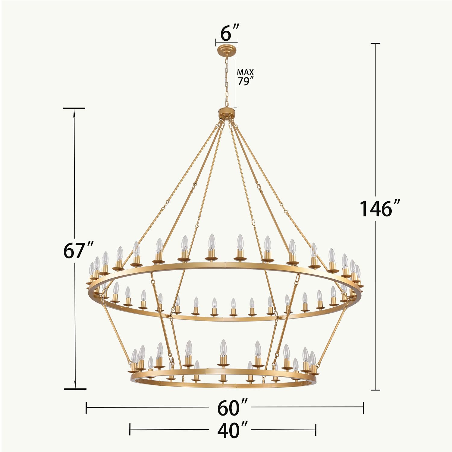 JKLX 60 Inch Gold Extra Large Wagon Wheel Chandelier, 2 Tier 54-Lights Farmhouse Industrial Round High Ceiling Pendant Light Adjustable Chain, for Dining Room, Living Room