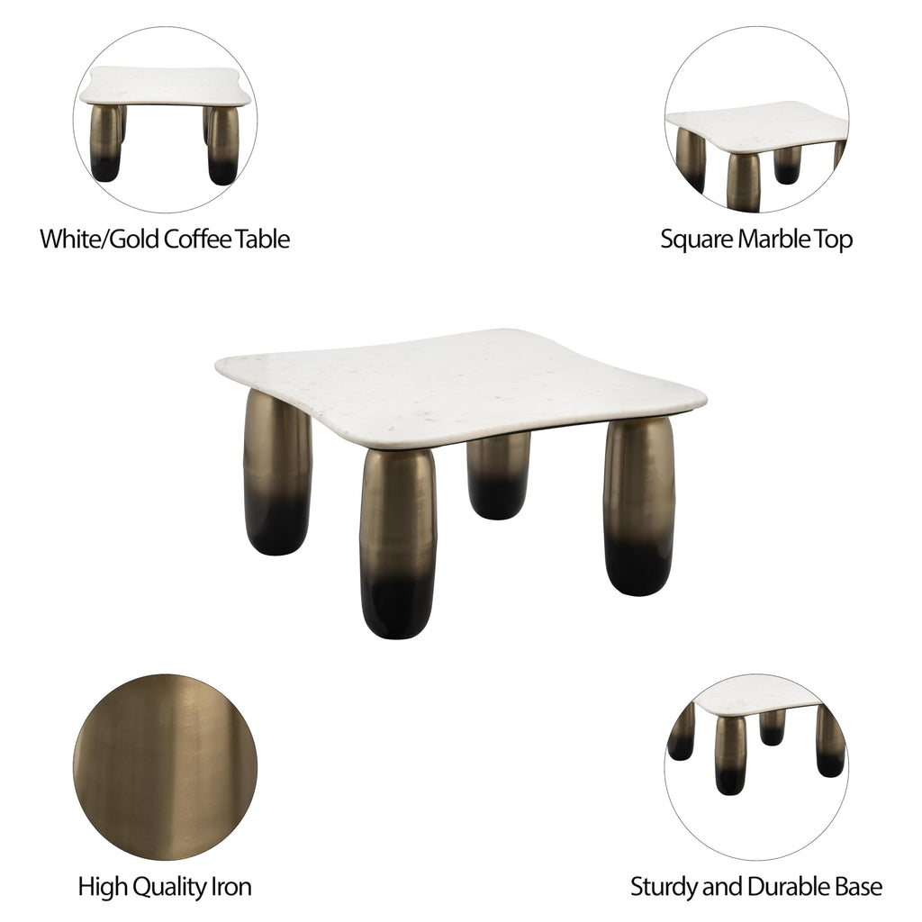 Sagebrook Home Modern Coffee Table with Square Marble Top & Sturdy Iron Legs - Accent Table for Living Room, Bedroom, Office - Elegant Contemporary Design - 16" Gold