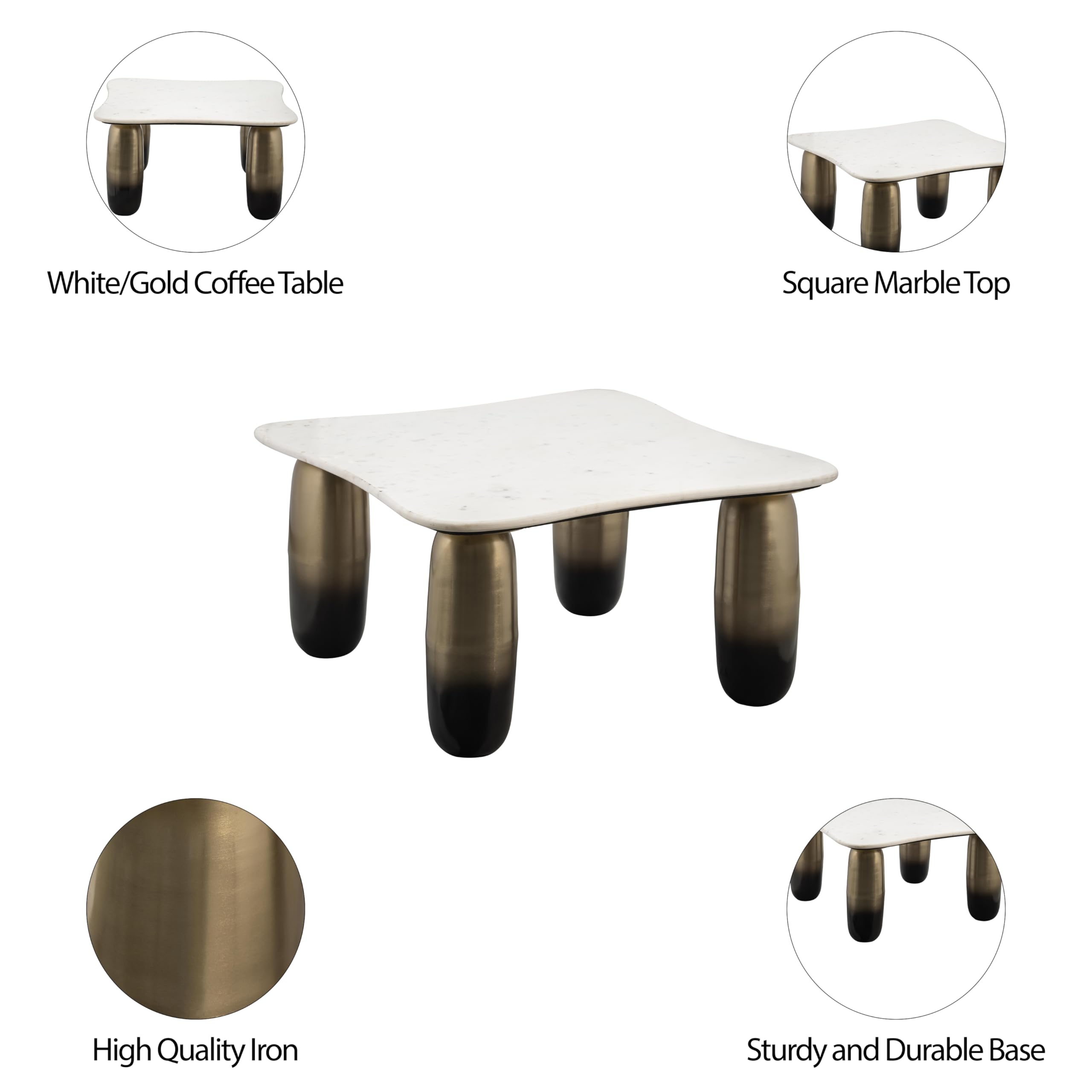 Sagebrook Home Modern Coffee Table with Square Marble Top & Sturdy Iron Legs - Accent Table for Living Room, Bedroom, Office - Elegant Contemporary Design - 16" Gold