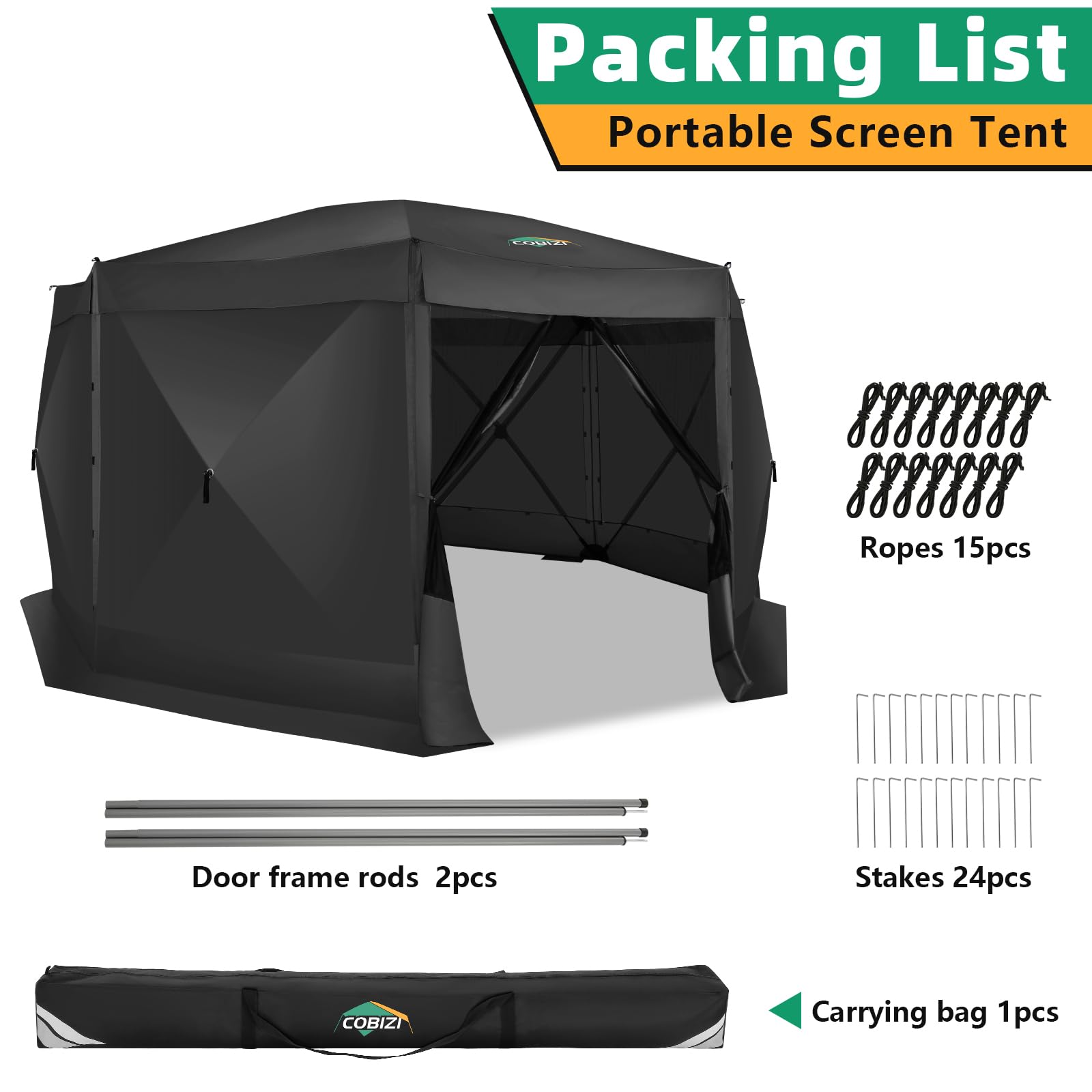 COBIZI 15'x15' Pop Up Gazebo Screen Tent Screen House for Camping, Screen Room with Mosquito Netting, Hub Tent Instant Screened Canopy with Carrying Bag and Ground Stakes, Black
