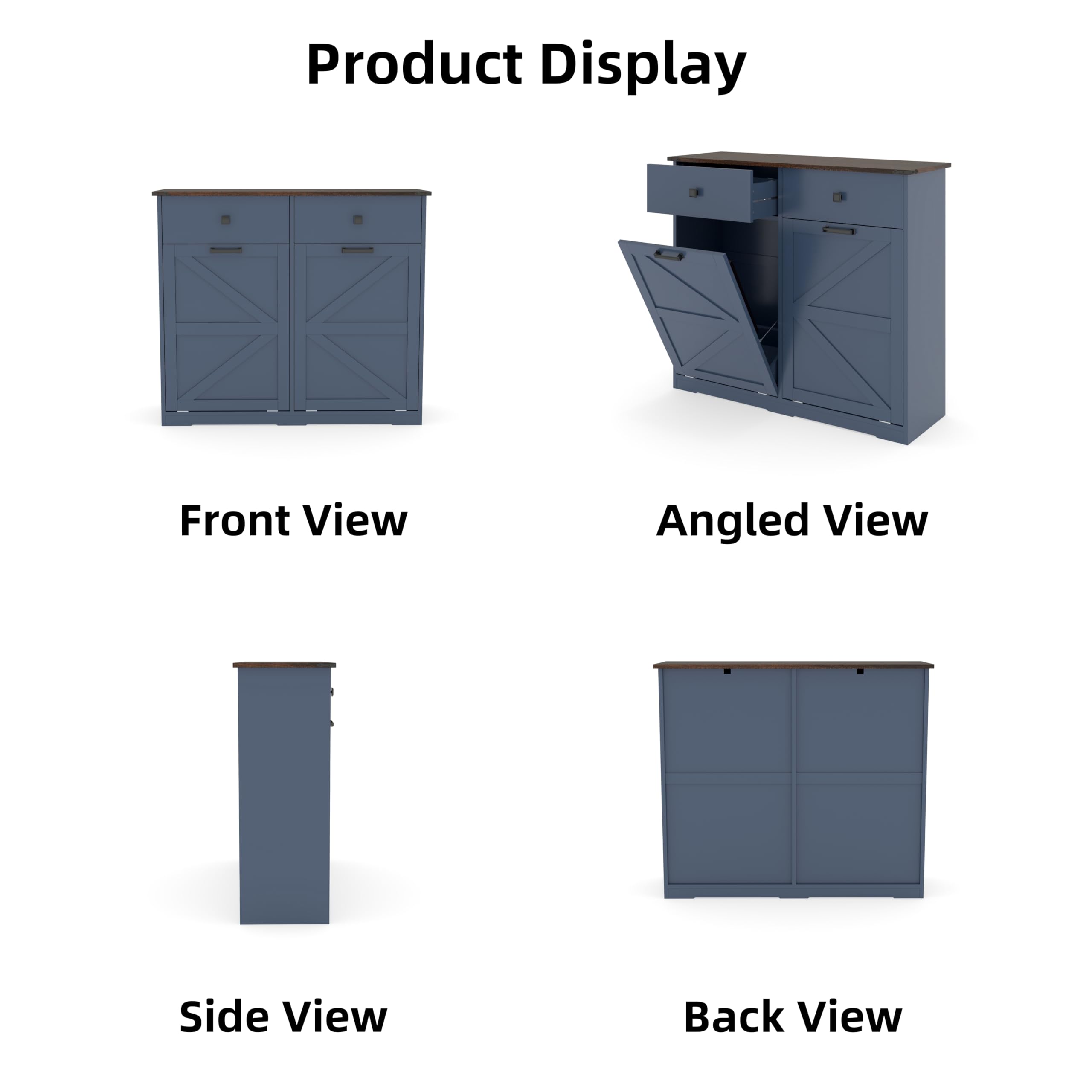 Blue Double Tilt Out Trash Cabinet for 20 Gallon Trash Cans, Free Standing Recycling Cabinet with Hideaway Drawer, Barn Door Style Laundry Sorter Cabinet, Tilt Out Trash Cabinet for Kitchen