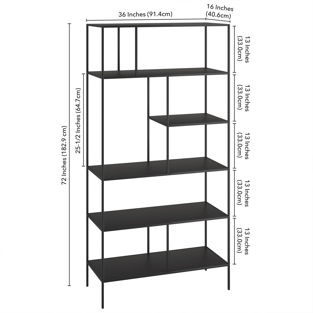 Henn&Hart 72" Modern Metal 5-Tier Bookcase with Staggered Open Metal Shelves for Living Room, Bedroom, or Office, Black