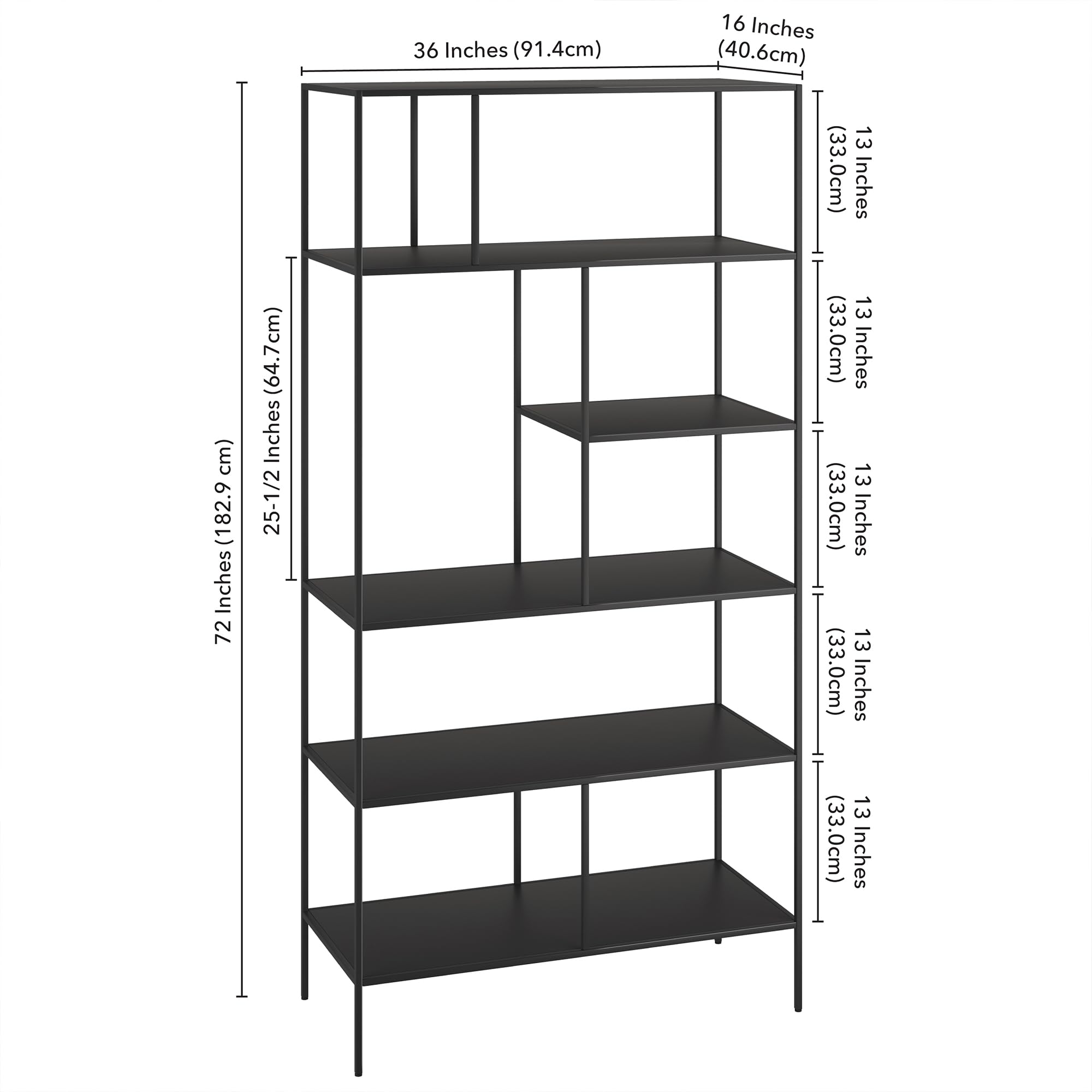 Henn&Hart 72" Modern Metal 5-Tier Bookcase with Staggered Open Metal Shelves for Living Room, Bedroom, or Office, Black
