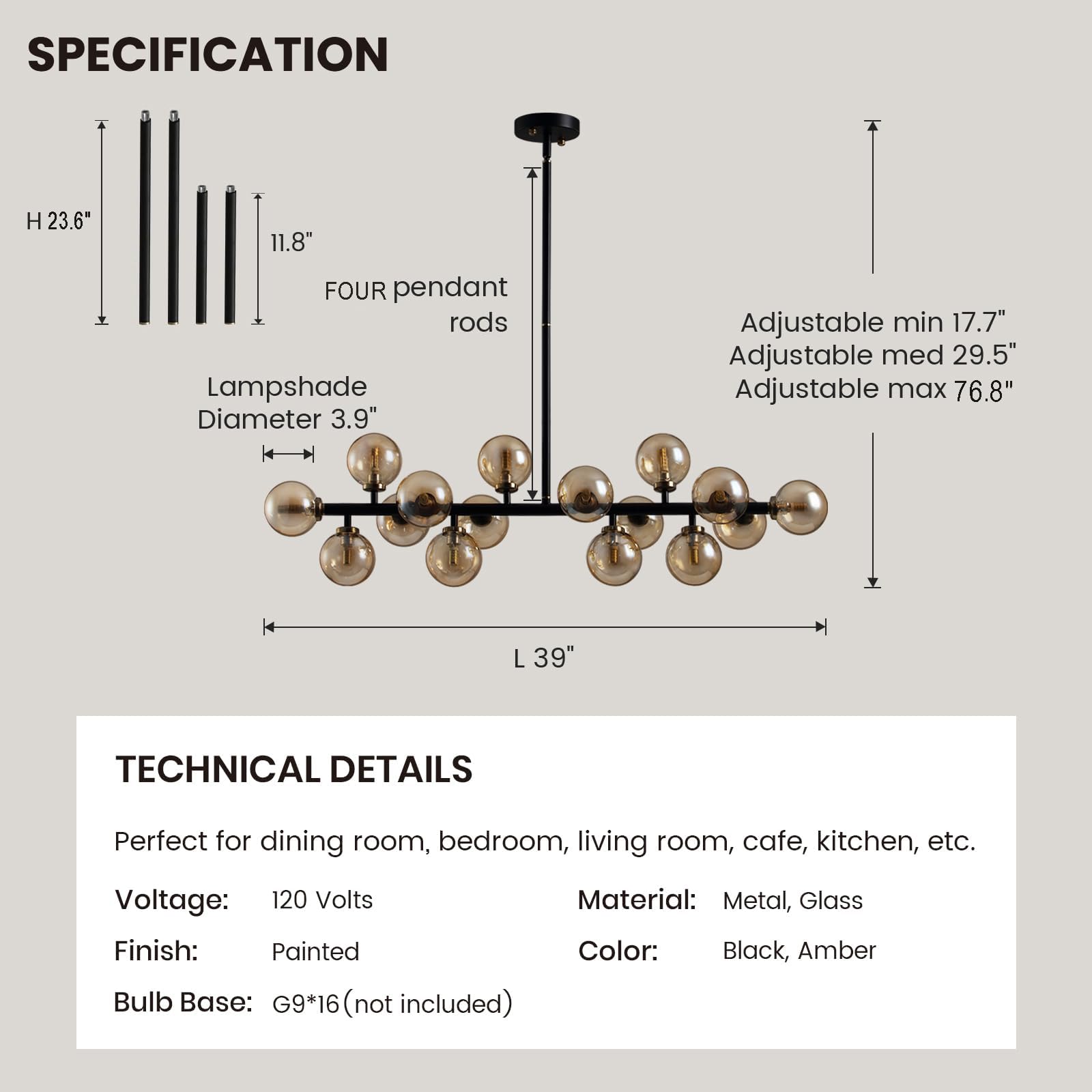 APBEAMLighting Mid Century Modern Chandeliers for Dining Room, 39" Linear Pendant Light Fixtures with Amber Glass Globe, 16-Light Sputnik Hanging Light for Living Room Kitchen Island
