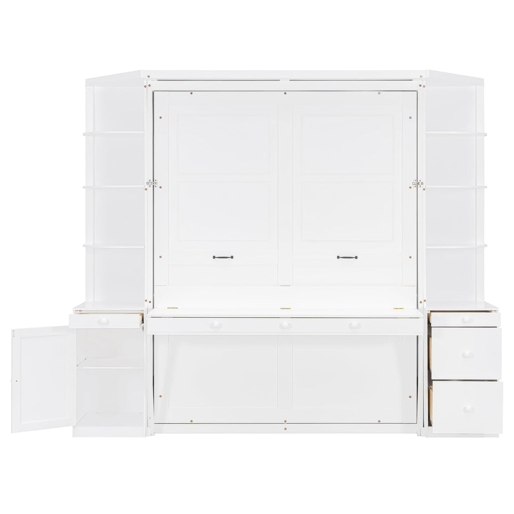 Merax Queen Murphy Bed with Desk and Storage, Hidden Wall Bed with Foldout Workstation, Shelves and Cabinets for Space-Saving Home Office, White
