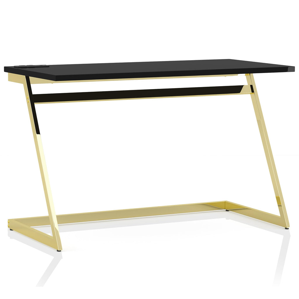 24/7 Shop at Home Ruthetta Modern Metal Writing Desk with USB Port, Power Outlet for Workstation, Home Office, Study Room, Glossy Black and Brass