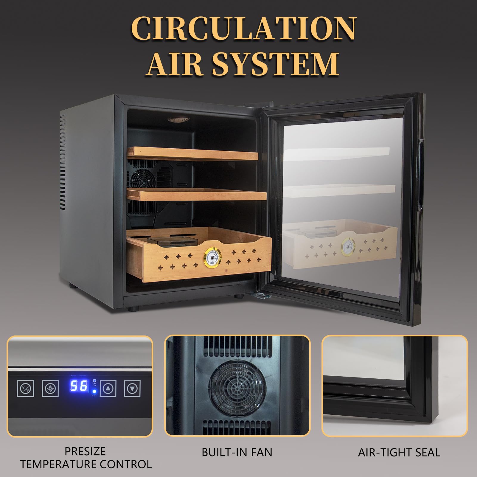50L Electric Cigar Humidor, 300 Counts LED Lighted Temperature Control Cigar Storage Cabinet with Spanish Cedar Wood Shelves