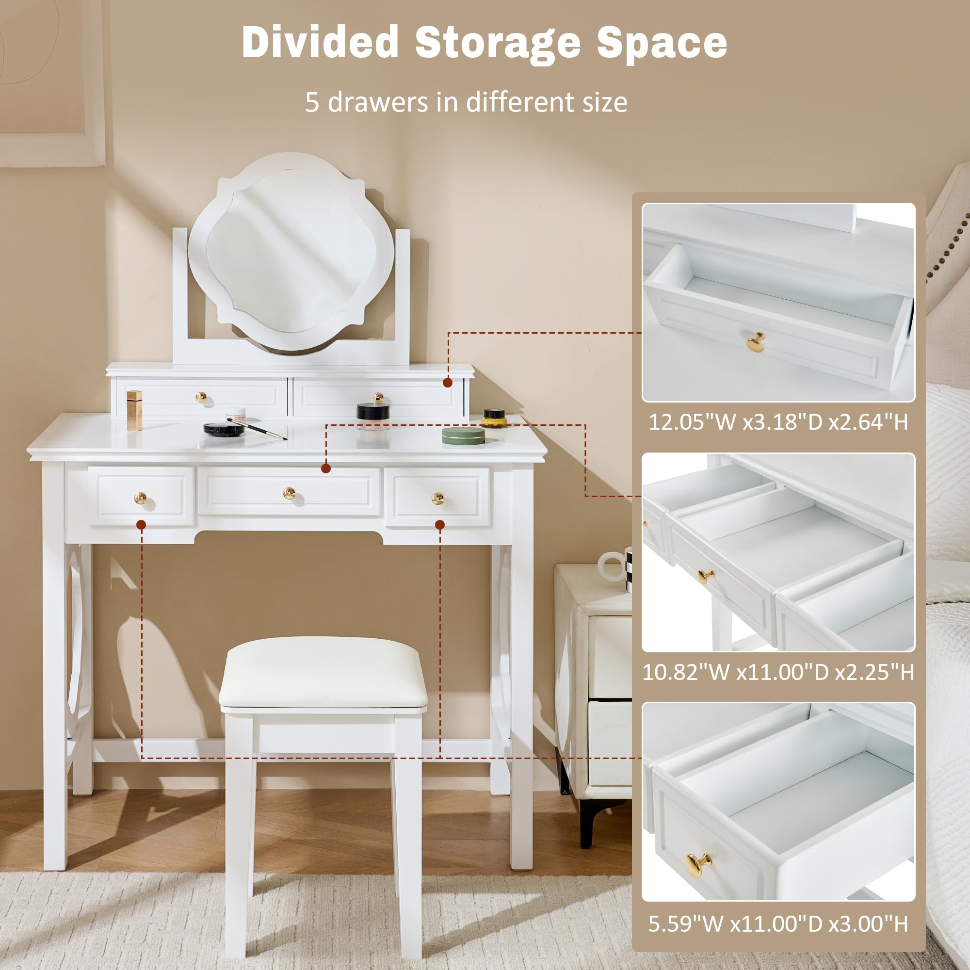 Merax 35.5 Inch Vanity Desk with Reversible Mirror, Compact White Makeup Vanity Table Set with 5 Storage Drawers & Chair, Modern Small Exquisite Dressing Table for Women Girls Bedroom Dorm