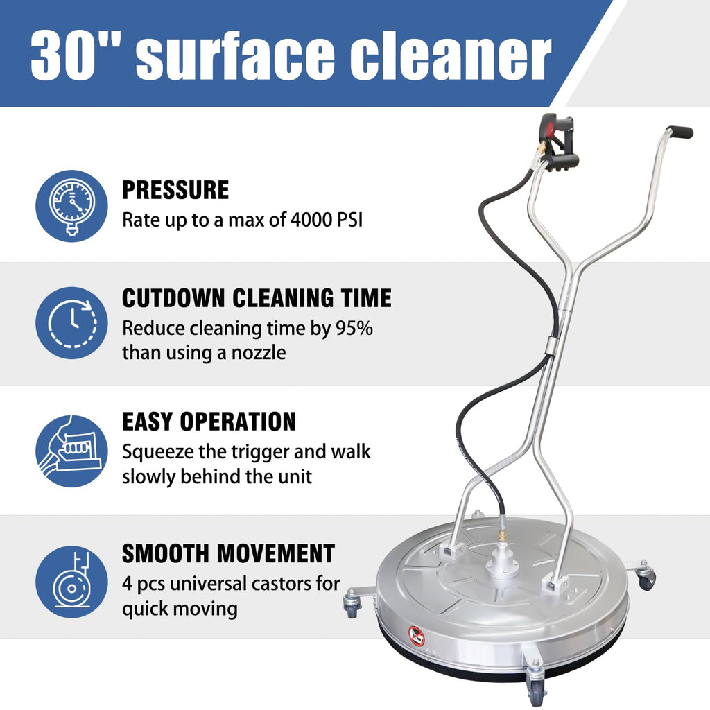 JANZ 30'' Pressure Washer Surface Cleaner with 4 Wheels,Dual Handle,Stainless Steel Housing, 2 Hose Adapters and 4 Replacement Nozzle Cores,Ideal for Driveways, Sidewalks,Patios,Decks Cleaning