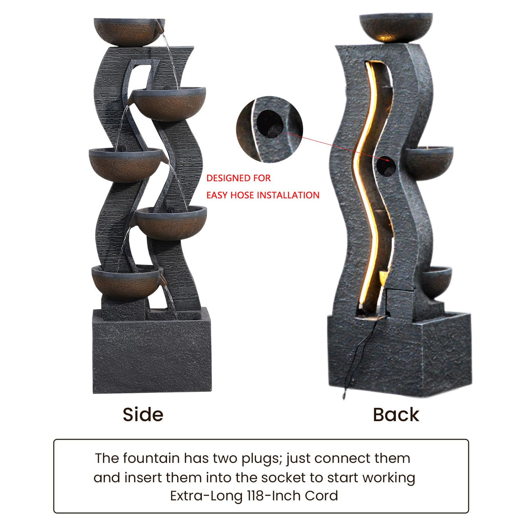 Takamota 52.8" Tall Outdoor Water Fountain with Lights, 6-Tier Cascading Resin Waterfall Feature for Porch, Garden, Yard, Deck, Patio – Large Freestanding Outdoor Fountain and Waterfall Outside Decor