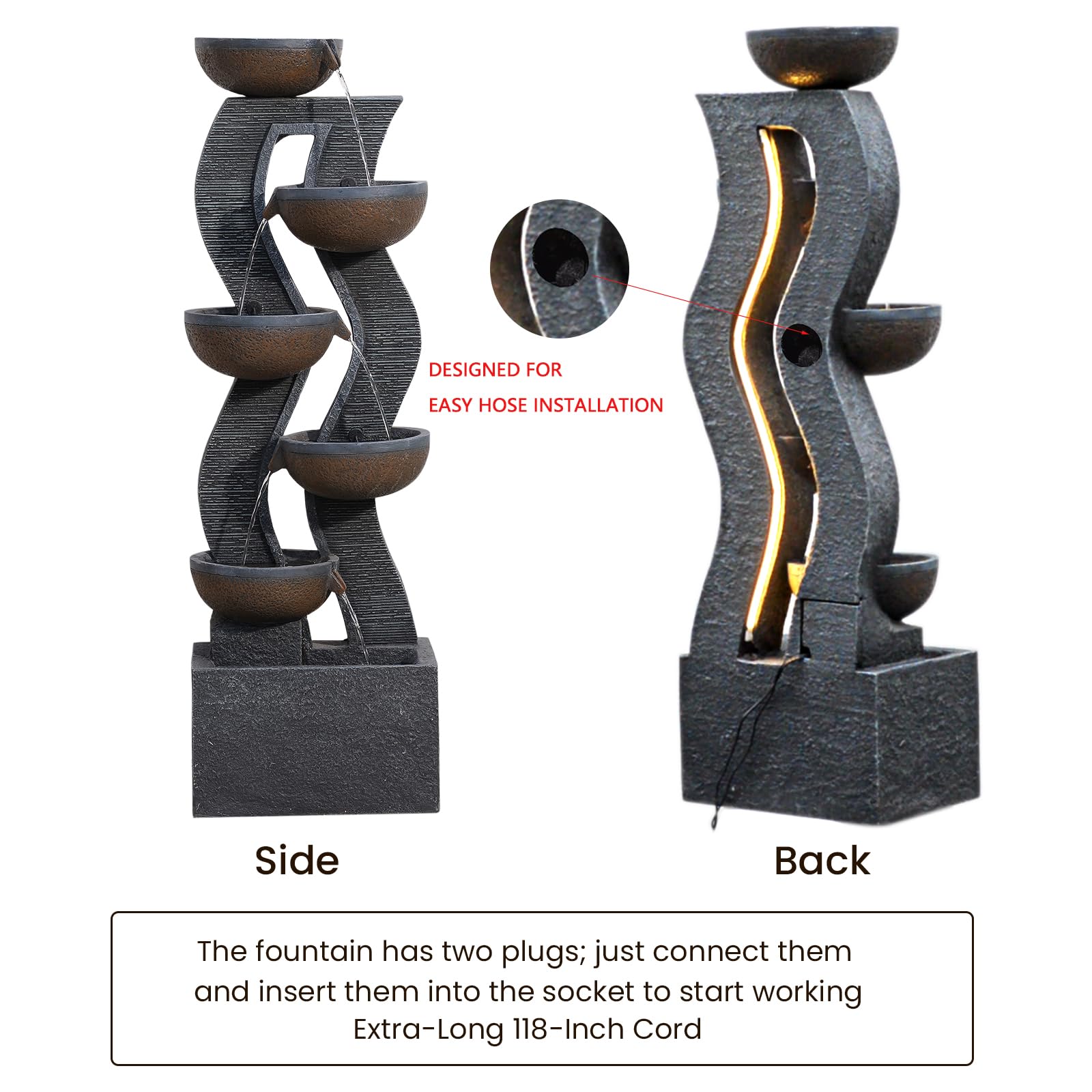 Takamota 52.8" Tall Outdoor Water Fountain with Lights, 6-Tier Cascading Resin Waterfall Feature for Porch, Garden, Yard, Deck, Patio – Large Freestanding Outdoor Fountain and Waterfall Outside Decor