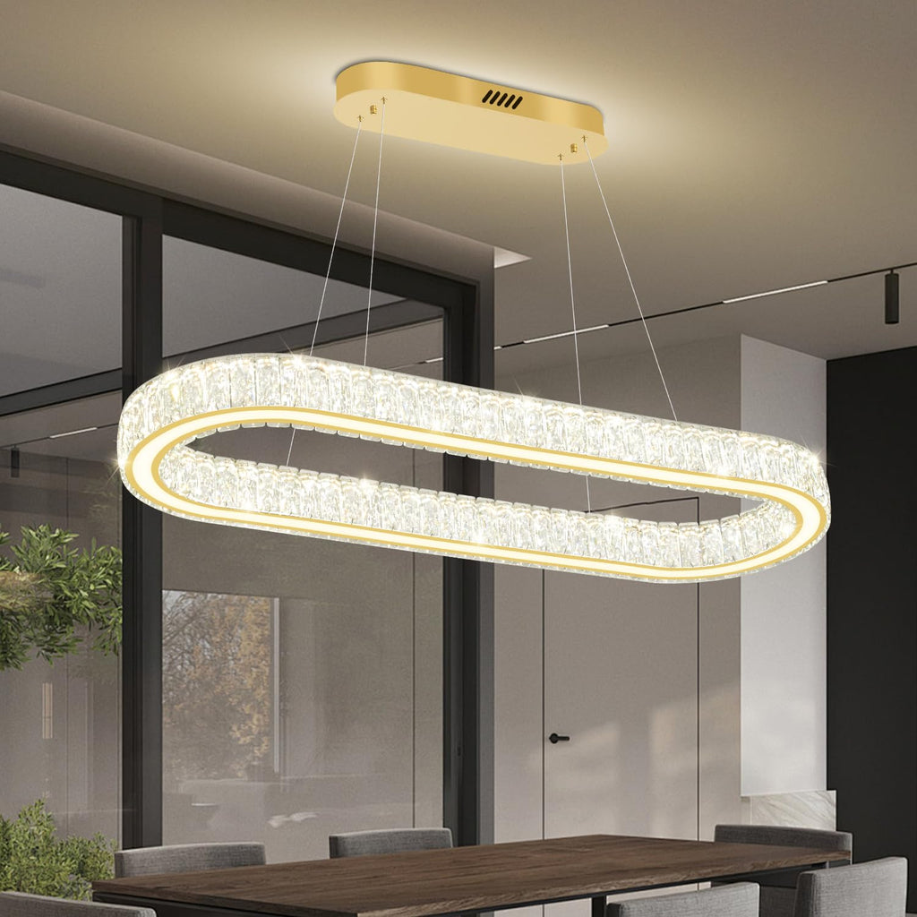 IDEQUY Gold 40in Crystal Ring Chandeliers for Dining Room Dimmable Linear Oval Crystal Ring Pendant Light for Kitchen Island 1 Linear Chandelier LED Acrylic Pendant Lighting