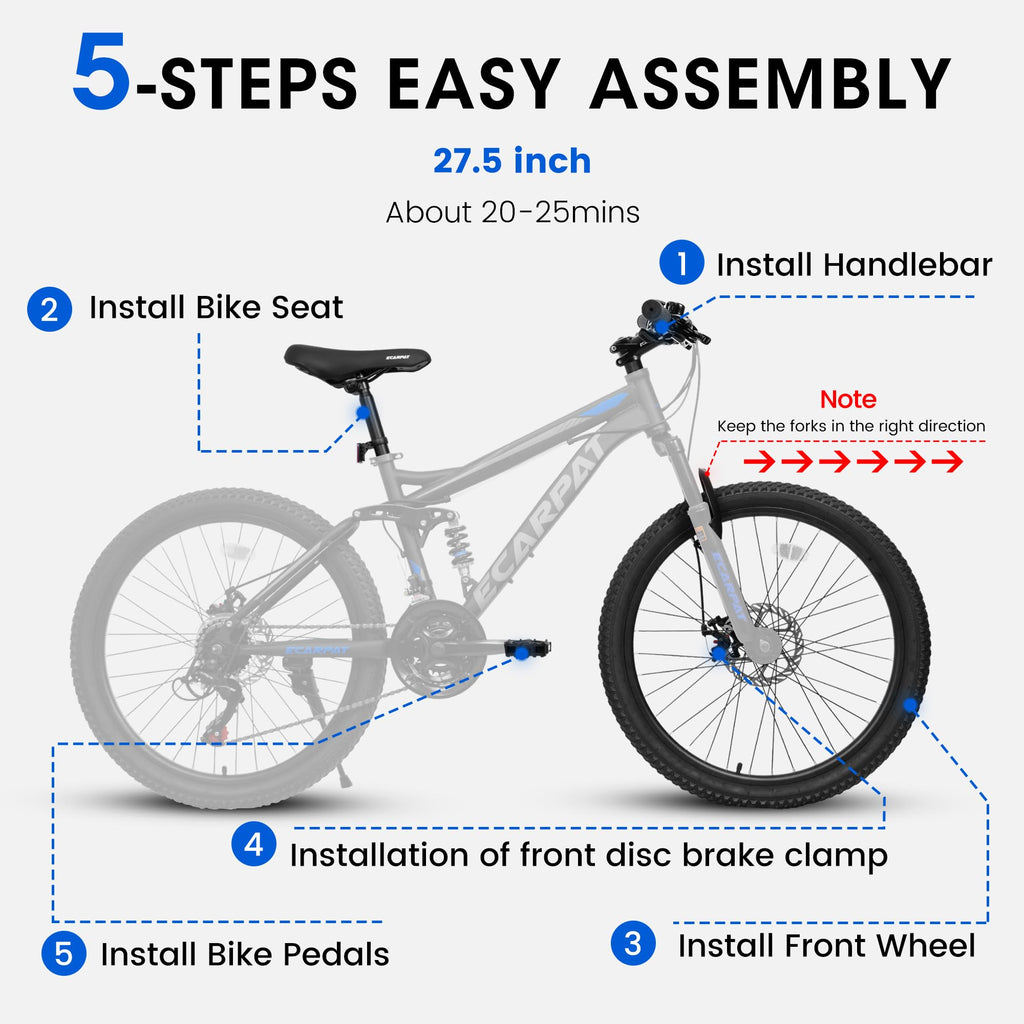 Ecarpat 27.5 Inch Mountain Bike for Men Women Adult, Carbon Steel Frame Mountain Bike with Full Suspension and Dull Disc Brake, 21-Speed MTB Bicycle, Black