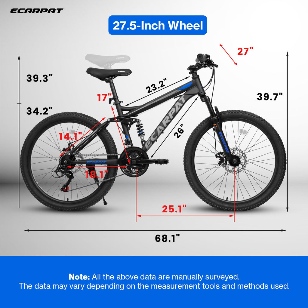 Ecarpat 27.5 Inch Mountain Bike for Men Women Adult, Carbon Steel Frame Mountain Bike with Full Suspension and Dull Disc Brake, 21-Speed MTB Bicycle, Black