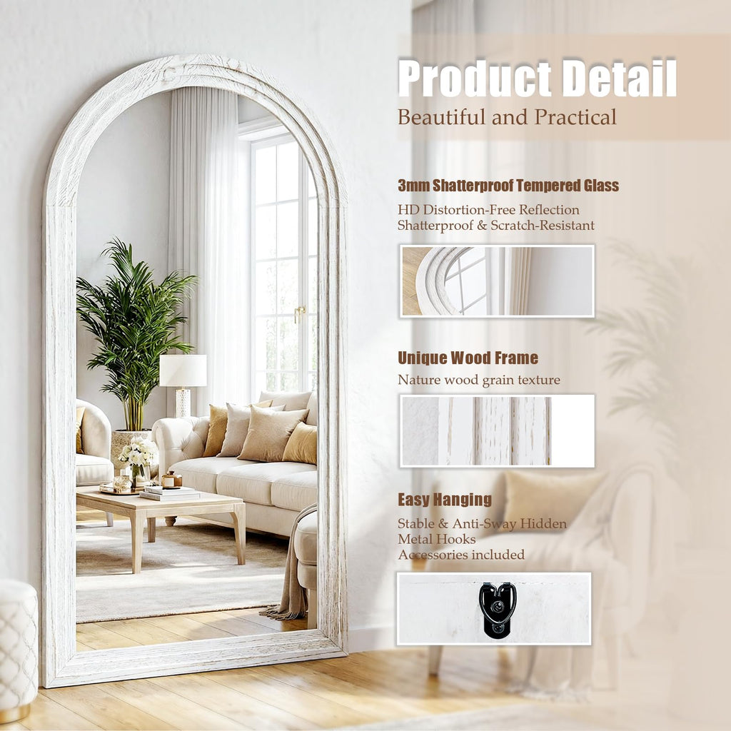 WISSMIELS 30"x71" Full Length Mirror Solid Wood Frame, Arched Floor Mirror Full Length with Stand, Room Decor Big Full Body Mirror with HD Tempered Glass for Bedroom, Living Room, White