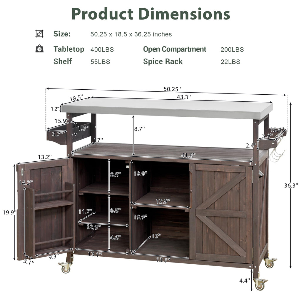 YOPTO Outdoor Kitchen Island Cart with Internal Storage Racks,Solid Wood Outdoor Grill Table W/Stainless Steel Top,4 Secure Locking Wheels,4 Hangers and Bottle Opener for Kitchen & BBQ,Dark Brown