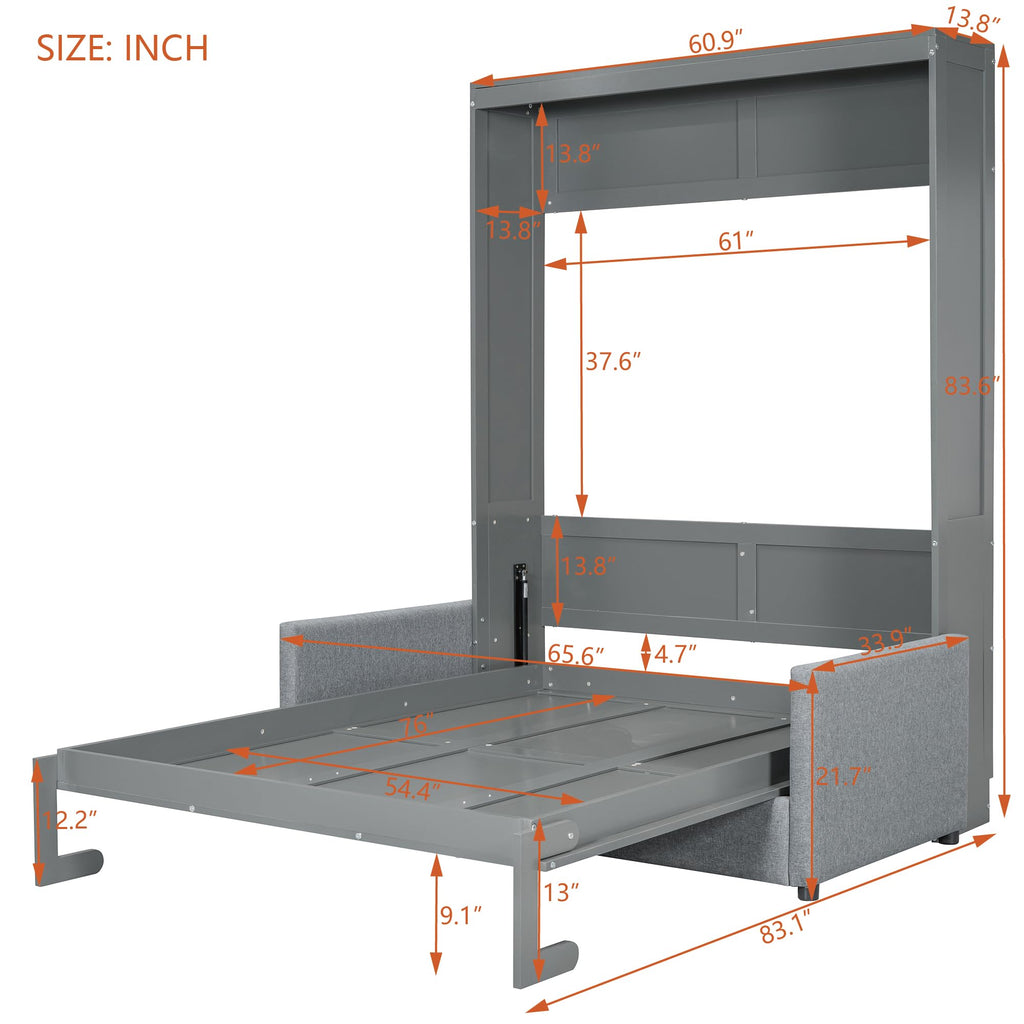 Merax Full Size Murphy Bed, Wood Multi-Function Wallbed with Sofa, Wooden Slat Support for Kids, Teens, Adults, Gray