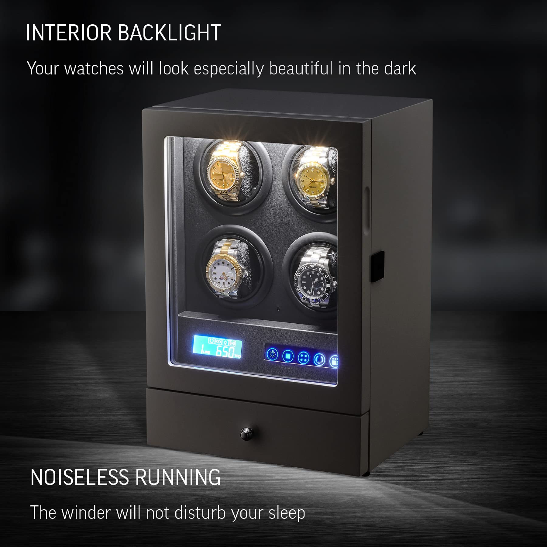 Automatic Watch Winder with LED Light, Storage Drawer and LCD Touchscreen Control (White)
