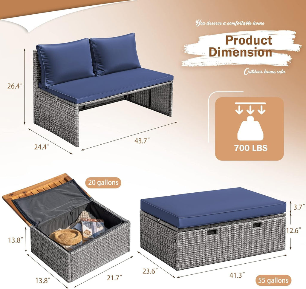 Devoko Patio Day Bed Outdoor Daybed Set Multifunctional Rattan Lounge Bed with 2 Side Tables for Backyard Porch Poolside Lawn Beach (Navy Blue)