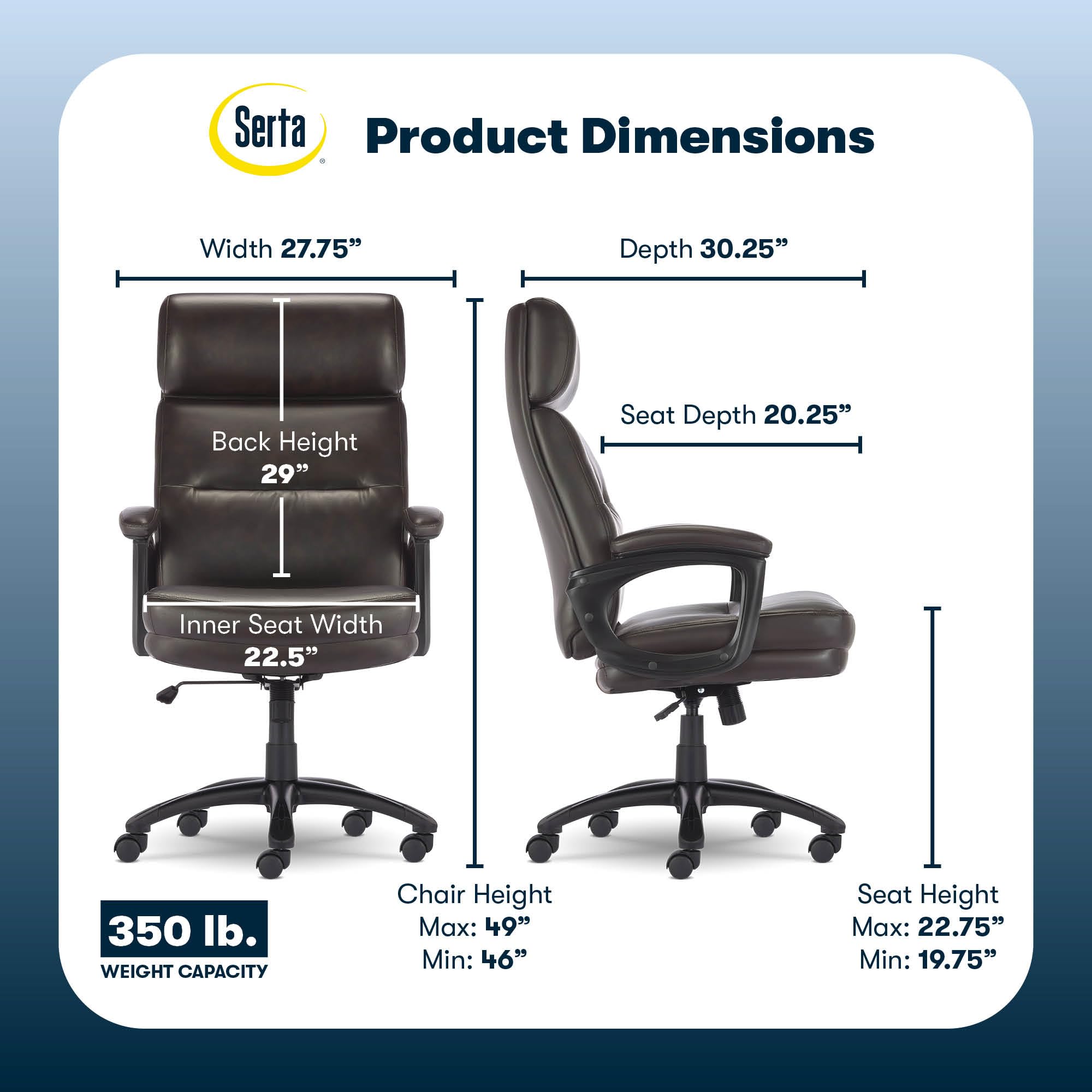 Serta Comfort Executive Big & Tall Office Chair, Ergonomic High-Back Computer DeskChair, Semi Plush Cushion Seat, Soft Padded Armrests, SertaQuality Foam, Metal Swivel Base, Bonded Leather, Black