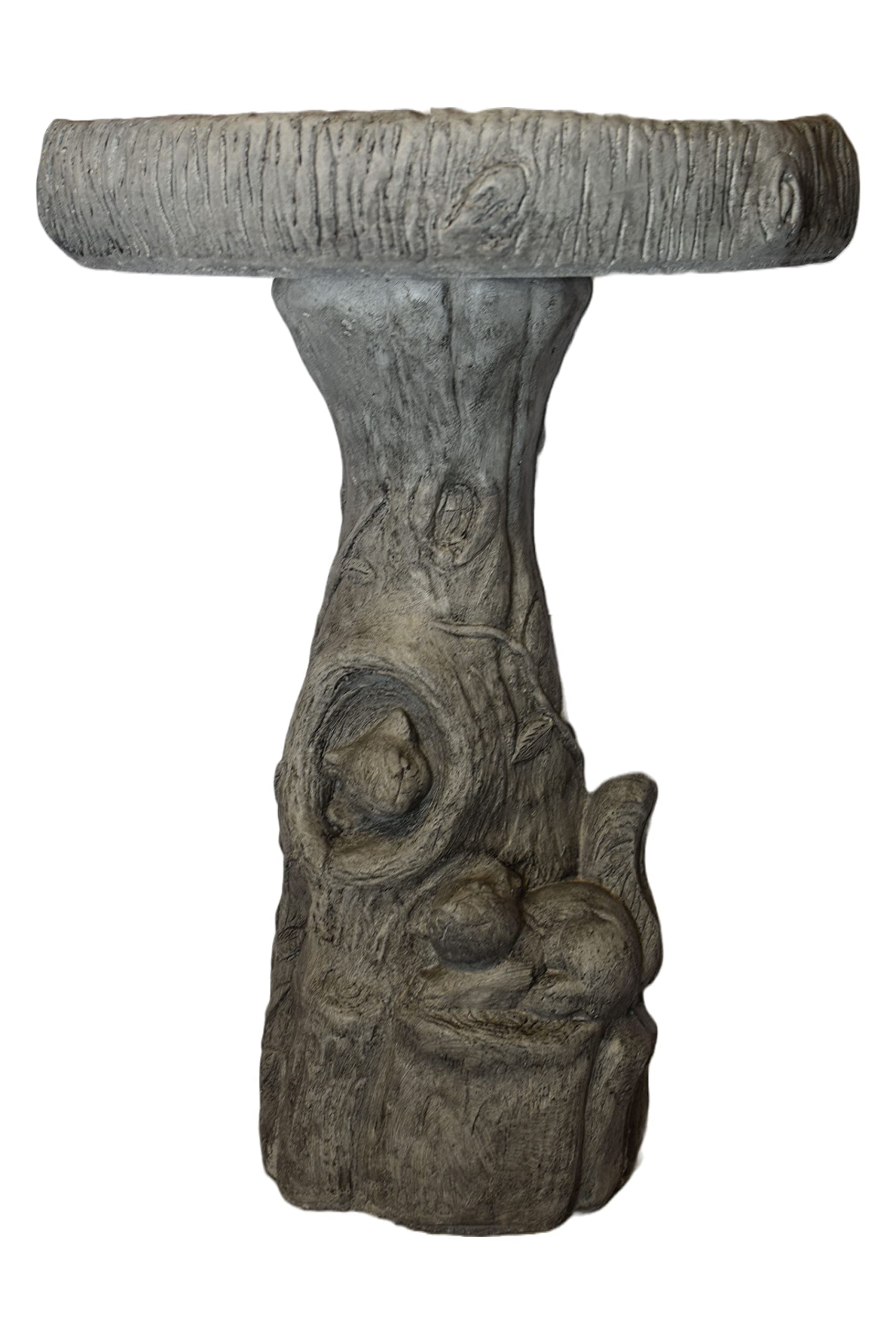 Solid Rock Stoneworks Tiny Fancy Squirrel/Wood Birdbath- Pre Aged- 24" Tall x 17" Dia