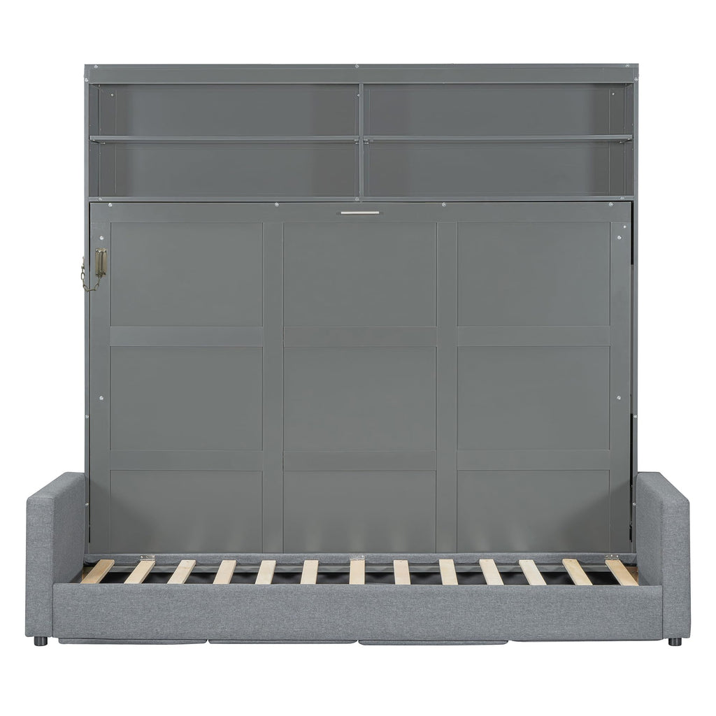 Merax Queen Size Murphy Cabinet Bed with Sofa, Wood Folding Murphy Bed with Open Shelves, Space-Saving Wall Bed for Guest Room and Home Office