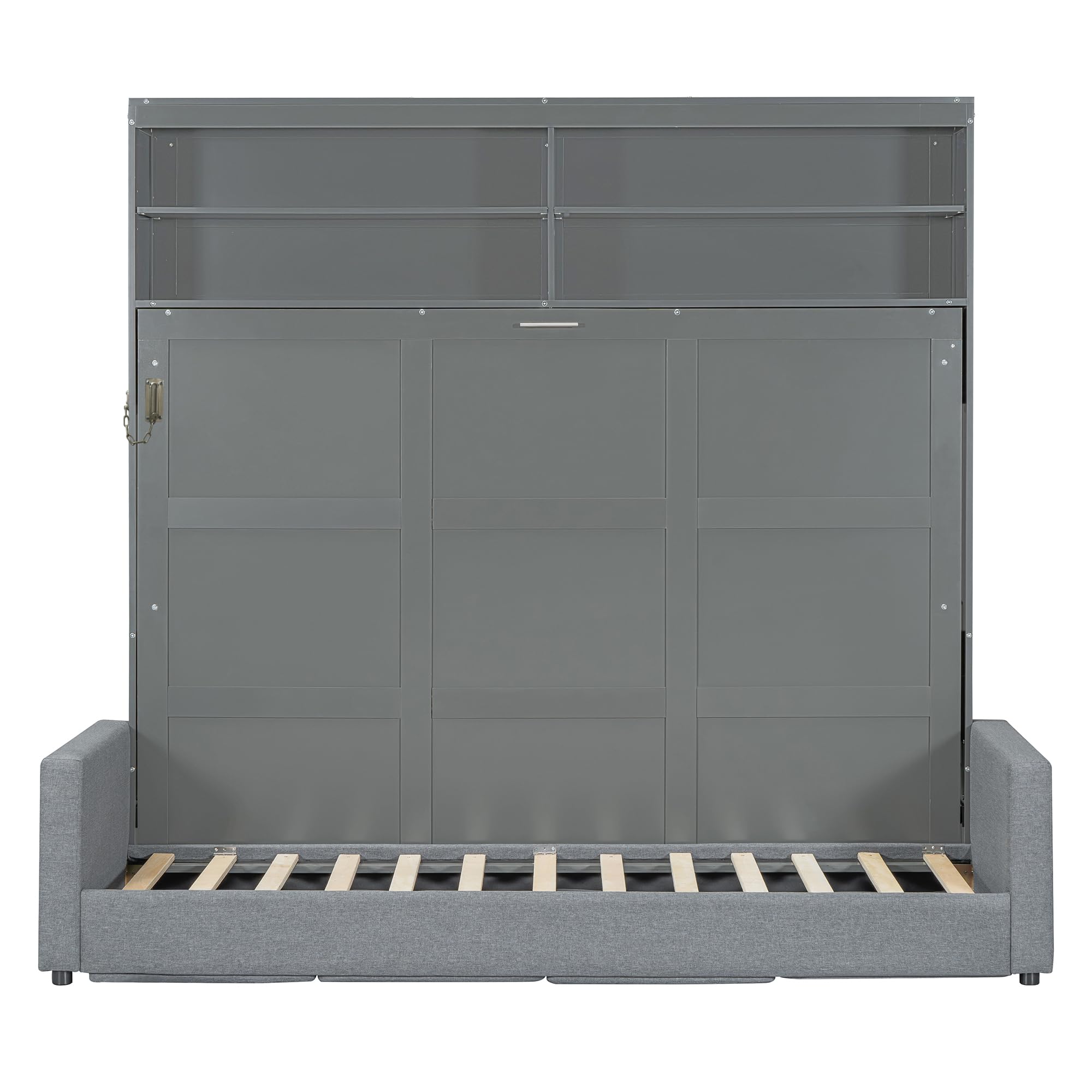 Merax Queen Size Murphy Cabinet Bed with Sofa, Wood Folding Murphy Bed with Open Shelves, Space-Saving Wall Bed for Guest Room and Home Office