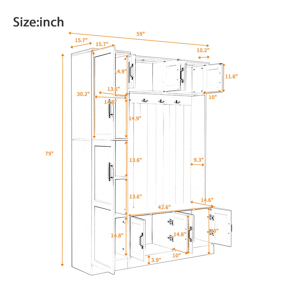 Amposei 79’’ Tall Hall Tree with Storage Bench & Coat Rack Modern Entryway Organizer Cabinet with Doors, Hooks & Adjustable Shelf for Hallway Living Room Furniture, White