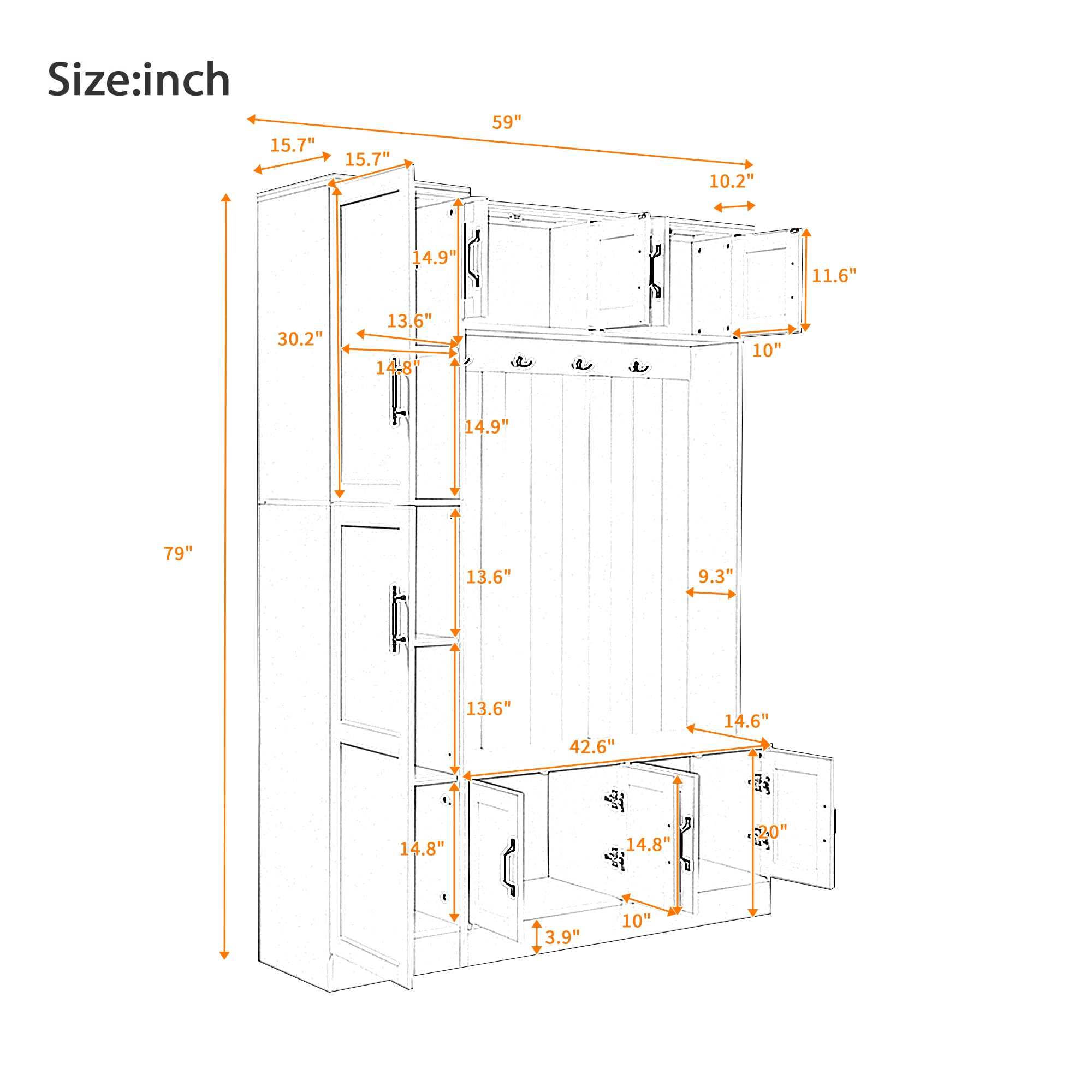 Amposei 79’’ Tall Hall Tree with Storage Bench & Coat Rack Modern Entryway Organizer Cabinet with Doors, Hooks & Adjustable Shelf for Hallway Living Room Furniture, White
