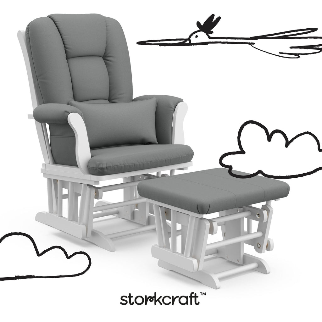 Storkcraft Tuscany Custom Glider and Ottoman with Free Lumbar Pillow (White/Grey) - Cleanable Upholstered Comfort Rocking Nursery Chair with Ottoman