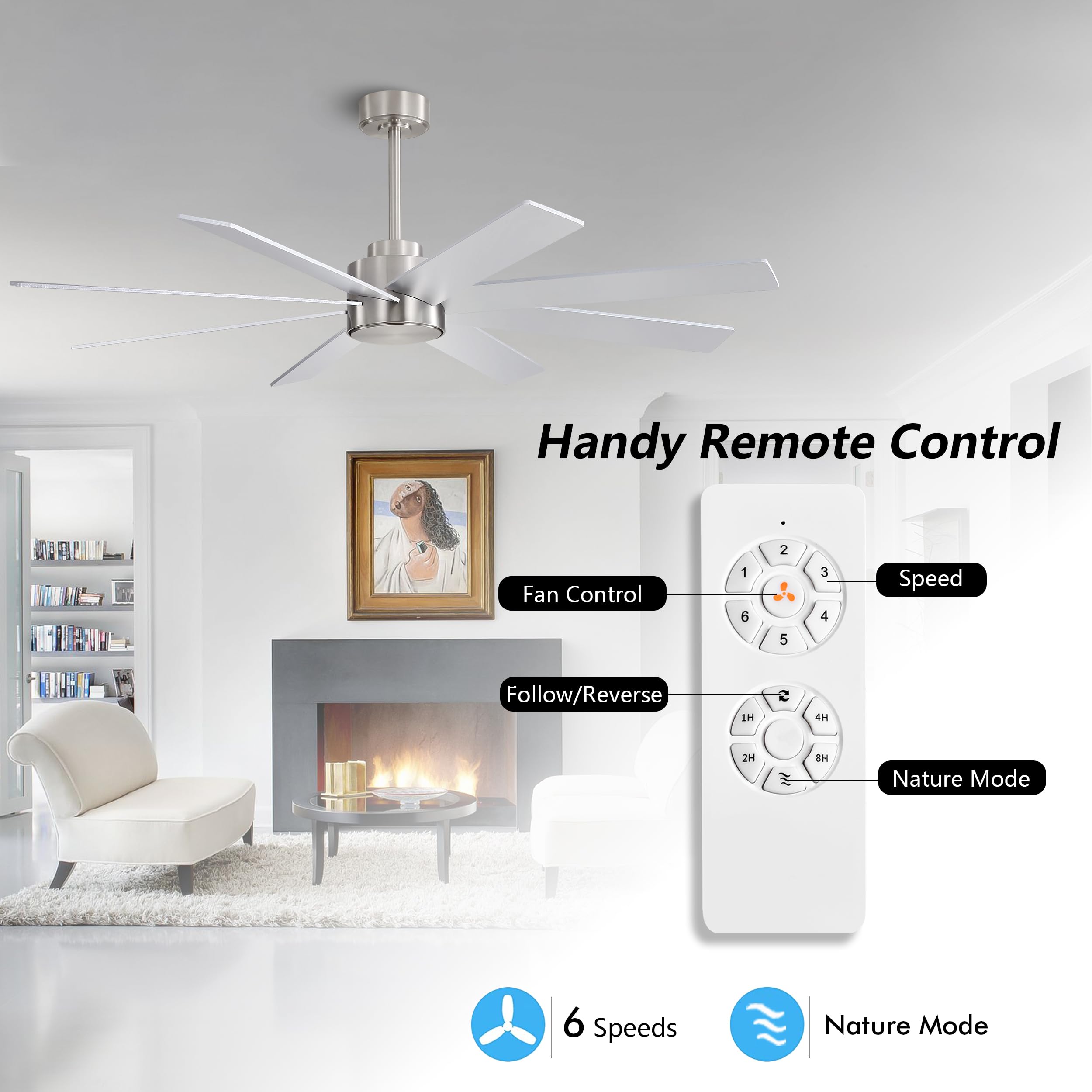 WINGBO 72" Large DC Ceiling Fans without Lights, 3 Downrods, 8 Plywood Blades, 6-Speeds Reversible DC Motor, Indoor Ceiling Fan No Lights for Bedroom Living Room Patio, Brushed Nickel and Silver