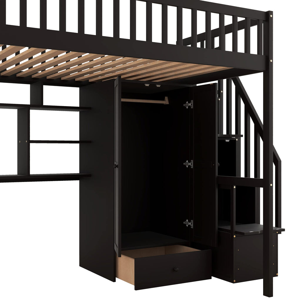 Full Size Loft Beds Stairway Loft Bed Frame with Wardrobe, Desk, Bookcase and Drawers, Espresso