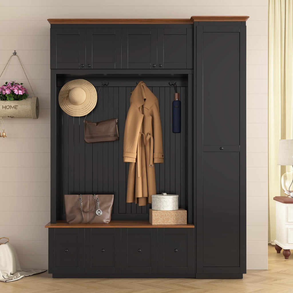 Shaical Hall Tree with Bench and Pull-Out Storage, 5-in-1 Entryway Shoe Bench with Coat Rack & 4 Drawers 2 Cabinets 4 Hooks, 78.7''H Wooden Storage Organizer for Hallway, Mudroom, Entrance, Black