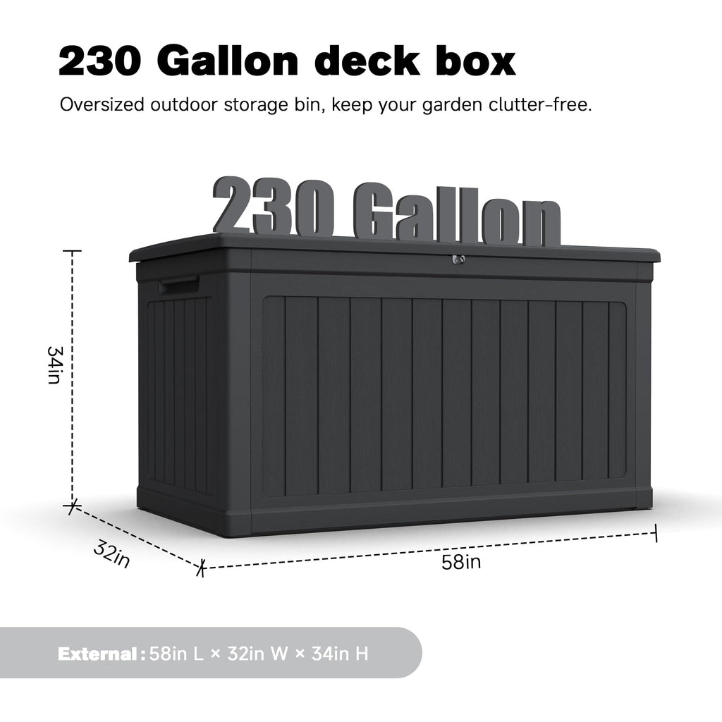Seeheool 230 Gallon Large Outdoor Storage XXL Deck Box for Patio Furniture, Outdoor Cushions, Garden Tools and Sports/Pools Equipment, Waterproof Resin, Lockable, Black