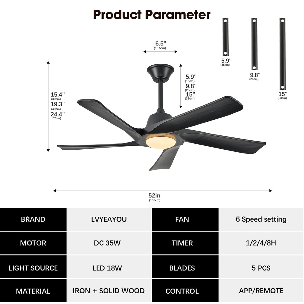 LVYEAYOU Ceiling Fan with Light, 52 Inch Solid Wood Ceiling Fans, Remote and APP Control, 3-color Dimmable, DC Motor, 6-speed Reversible, for Bedroom, Living Room, Black