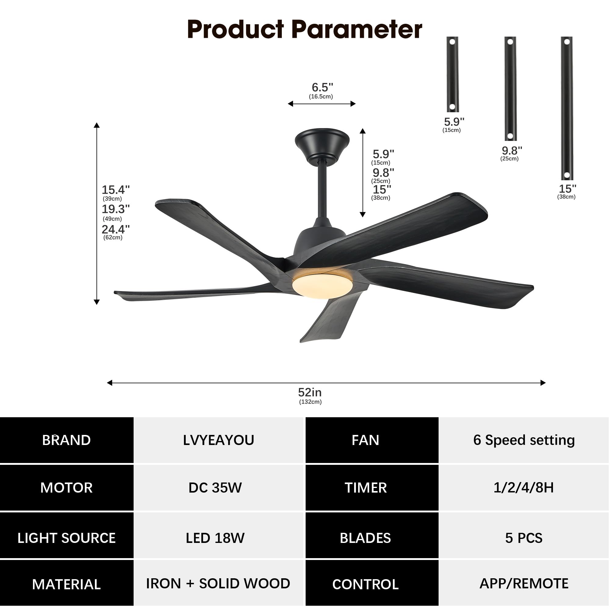 LVYEAYOU Ceiling Fan with Light, 52 Inch Solid Wood Ceiling Fans, Remote and APP Control, 3-color Dimmable, DC Motor, 6-speed Reversible, for Bedroom, Living Room, Black