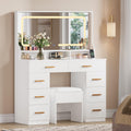GAOMON Makeup Vanity Desk with Large Lighted Mirror, Vanity Desk with Glass Tabletop, 8 Drawers & 3 Storage Shelves, Vanity Set with Built-in Power Outlet for Bedroom & Dressing Area, White
