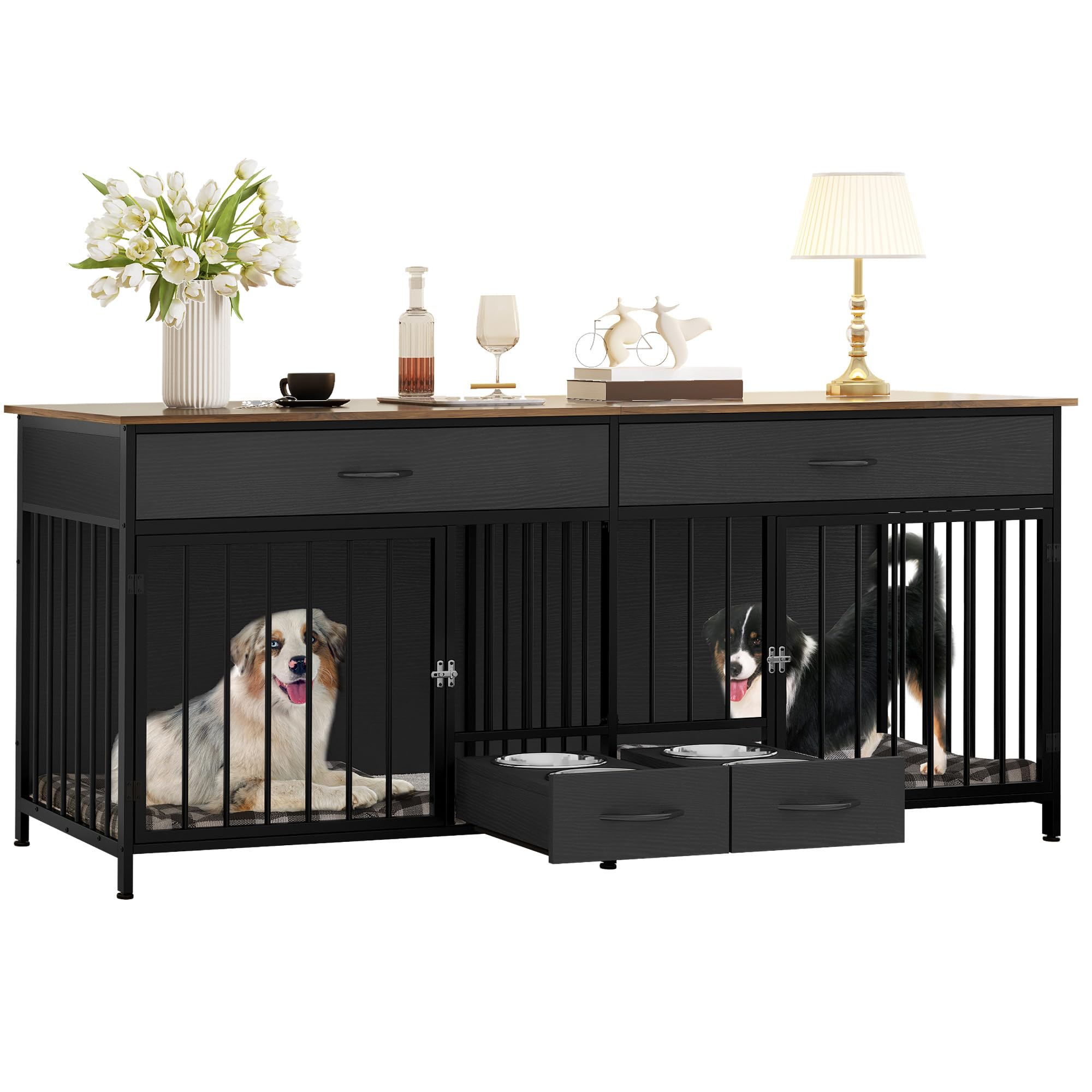 YITAHOME 74.8" Double Dog Crate Furniture with Dog Feeder, Heavy Duty Indoor Dog Kennel TV Stand with Drawers, Sturdy Dog Kennel with Divider for 2 Medium Large Dogs, Black