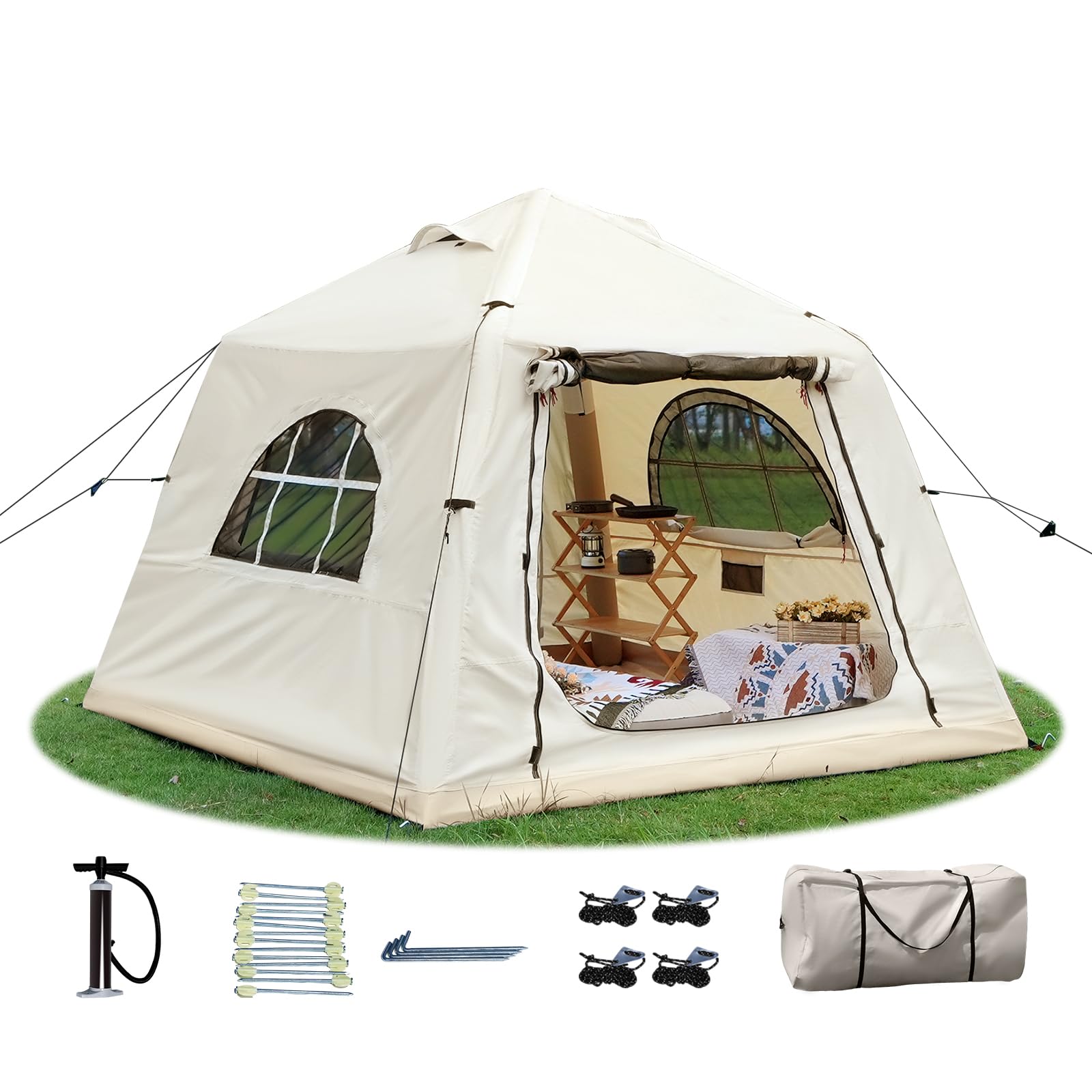 KNUO Inflatable Tent for Winter Camping 7.8x7.8ft Blow Up Air Tents, No Assembly Needed Luxury Glamping Tent for 1/2/3 People, Waterproof Oxford, Beige