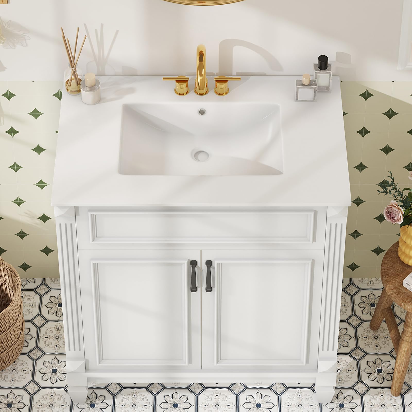 Sweetcrispy 30" Bathroom Vanity with Sink, Bathroom Storage Vanity Sink with 2 Doors, Farmhouse Wooden Free Standing Bathroom Cabinet with Sink, Easy Assembly, NO Mirror Faucet, Ivory White