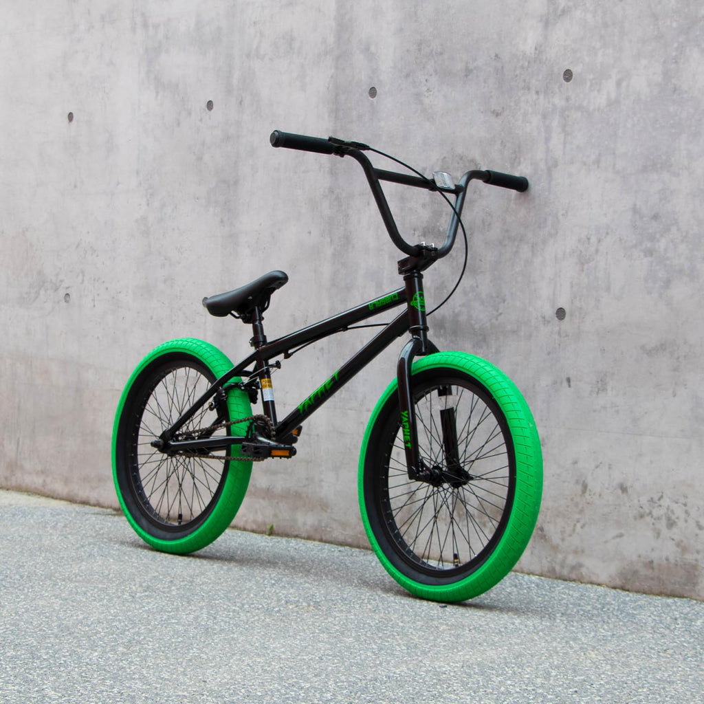 cubsala Freestyle BMX Bike, 20 Inch Yaphet Bicycle for Teen Beginner Adult Riders, Bike with 360° Rotating Handlebar and 4 pegs, Black with Green Tires