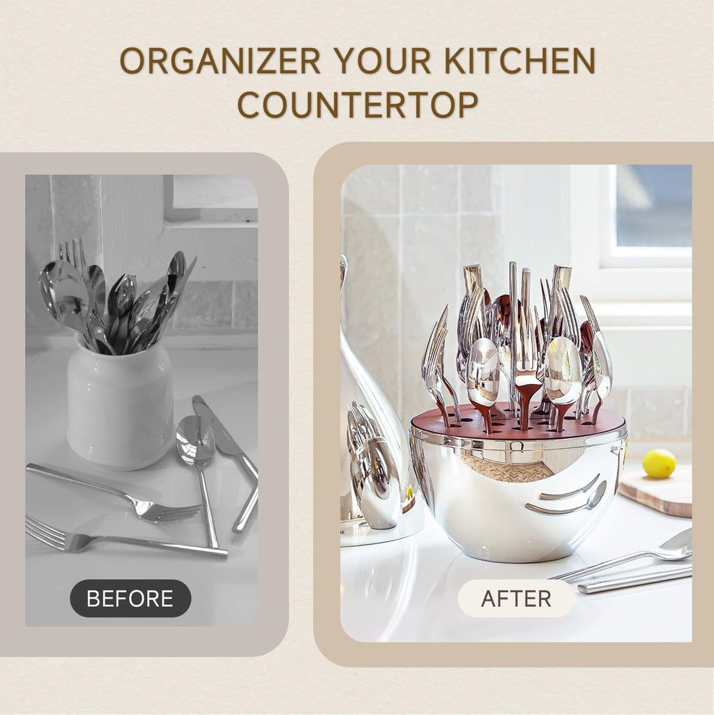 KINGSTONE Silverware Set with Waterdrop Storage Organizer, Luxury 20 Piece Flatware Set for 4, 18/10 Stainless Steel Cutlery Set with Diamond Cut Pattern Ideal for Kitchen,Party and Gift