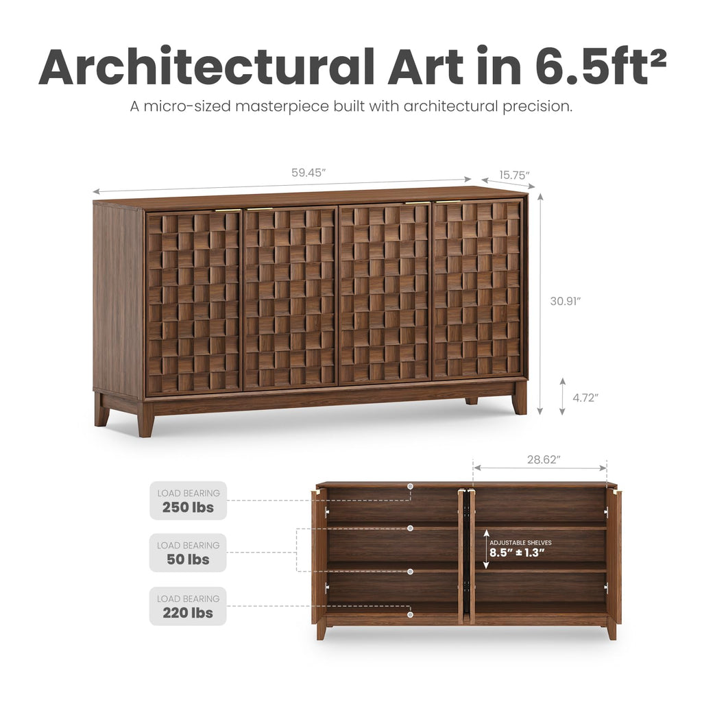 COLAMY 60" Sideboard Buffet Cabinet with Storage, Modern 4-Door Buffet Table with 3D Checkerboard Doors & Solid Wood Legs, Large Coffee Bar Cabinet for Dining Room, Living Room, Entryway, Espresso