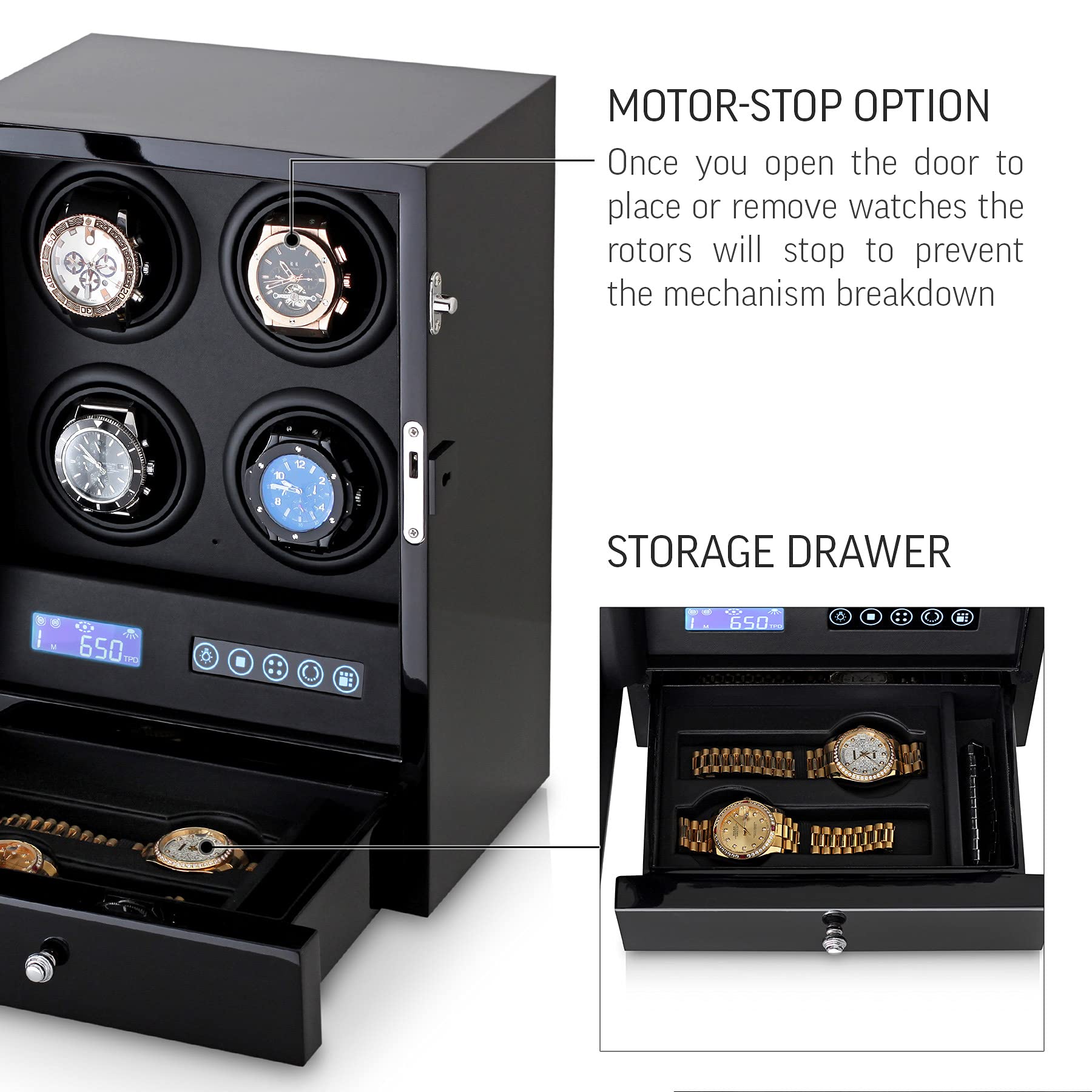 Automatic Watch Winder with LED Light, Storage Drawer and LCD Touchscreen Control (Black + Black)