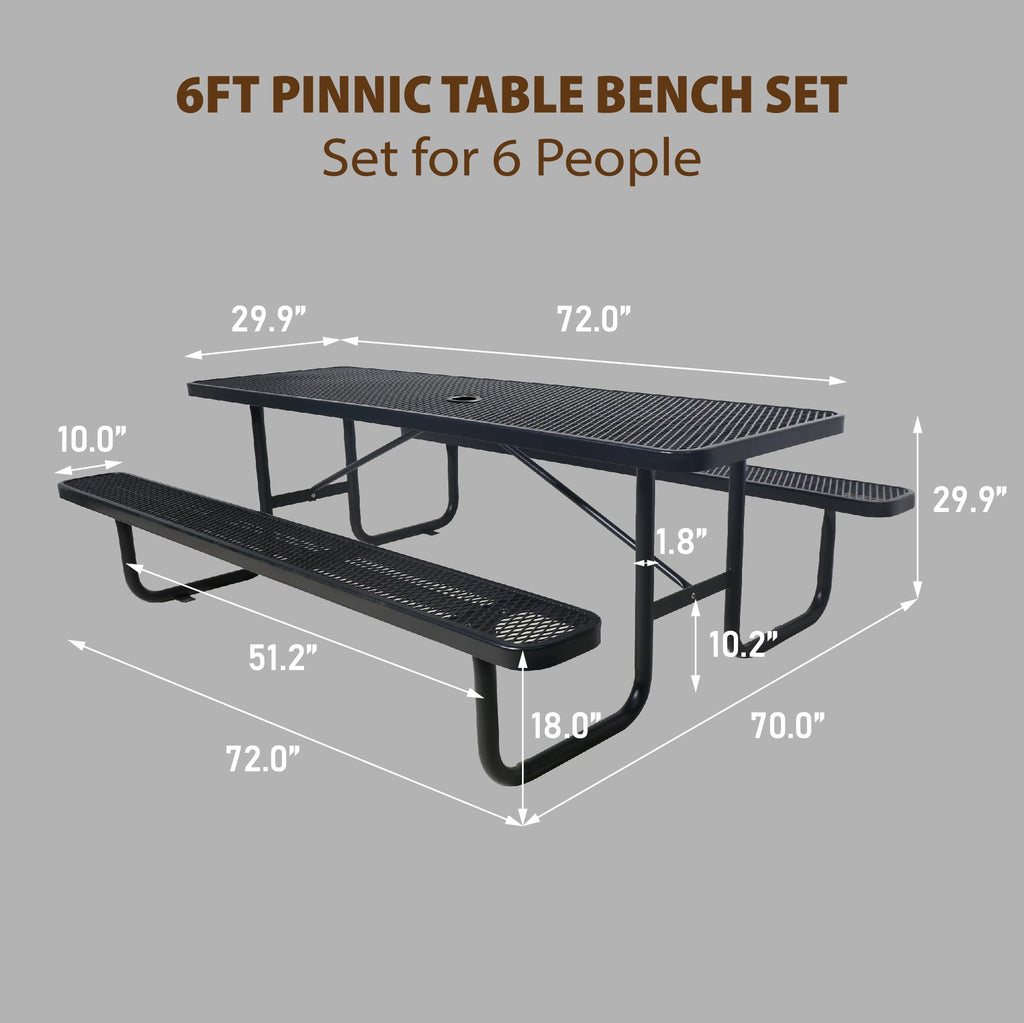 Sunnibety 6FT Metal Picnic Tables for Outdoors, Commercial Rectangular Picnic Table and Bench Set for Outside, Patio, Garden, Backyard, Porch, Surface Mount, Black