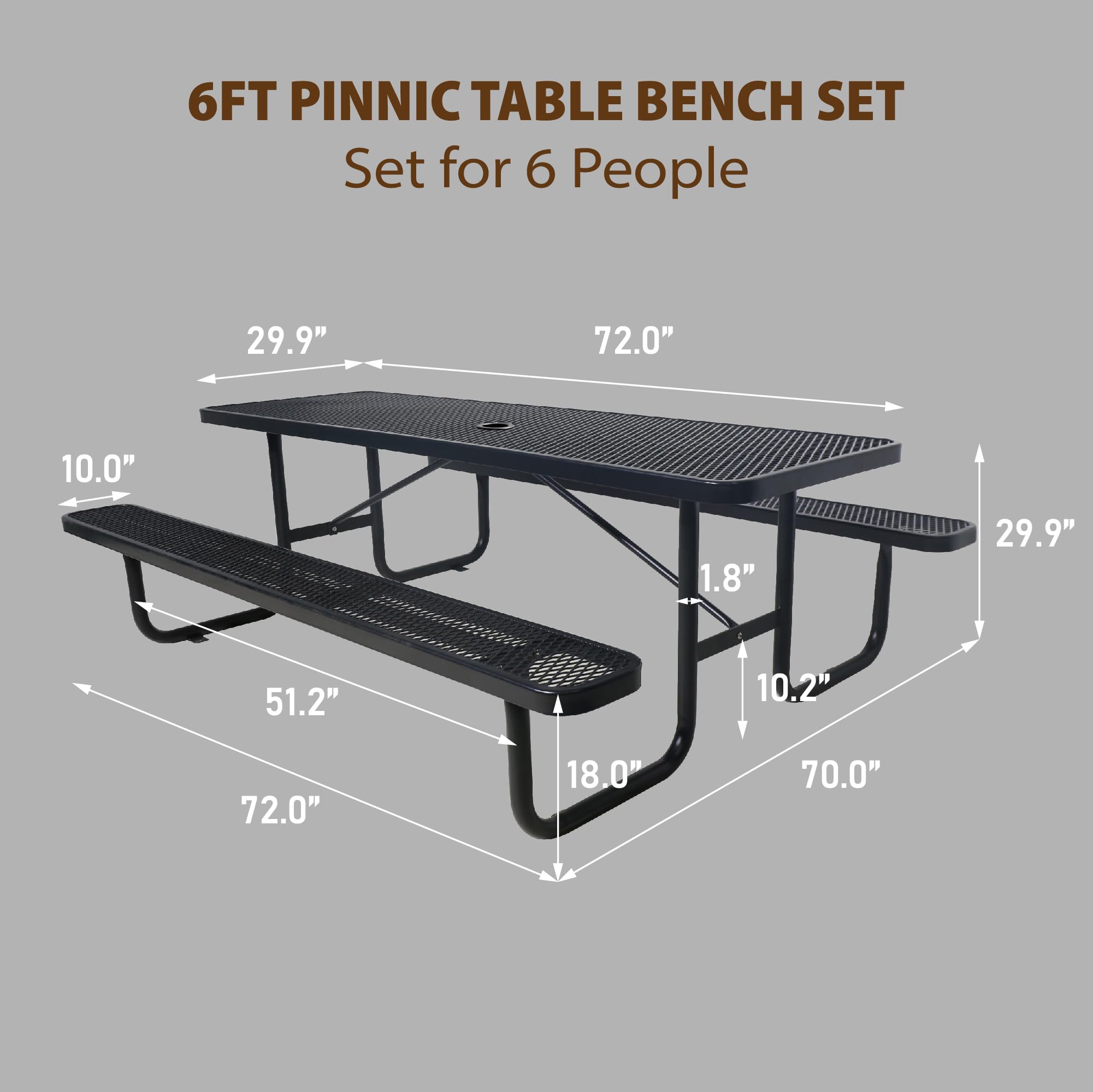 Sunnibety 6FT Metal Picnic Tables for Outdoors, Commercial Rectangular Picnic Table and Bench Set for Outside, Patio, Garden, Backyard, Porch, Surface Mount, Black