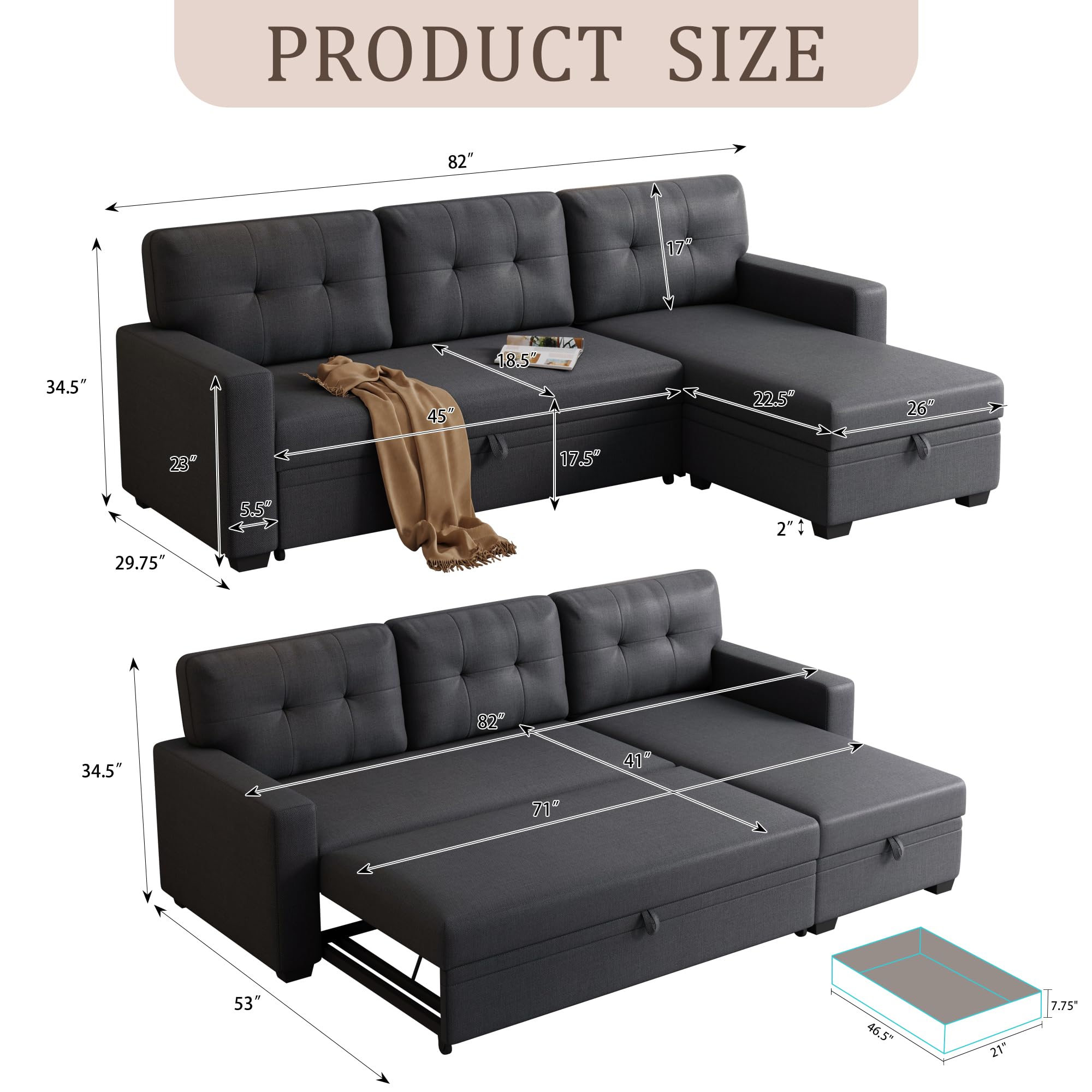KTATK L-Shape 82" Linen Upholstered Pull Out Sectional Sofa with Storage Chaise,Can be Converted into a Twin Size Sleeper Bed W/Removable Back Cushions,for Living Room,Apartment,Office,Dark Gray